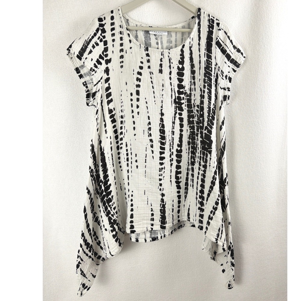 Bryn Walker Tie Dye Cotton Gauze Handkerchief Hem Tunic Black White Lagenlook